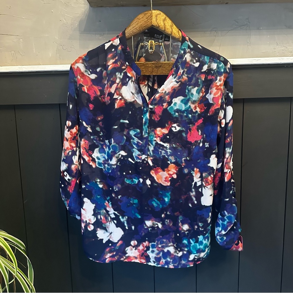 A.N.A. Multi Color Abstract Tunic Blouse Size Large